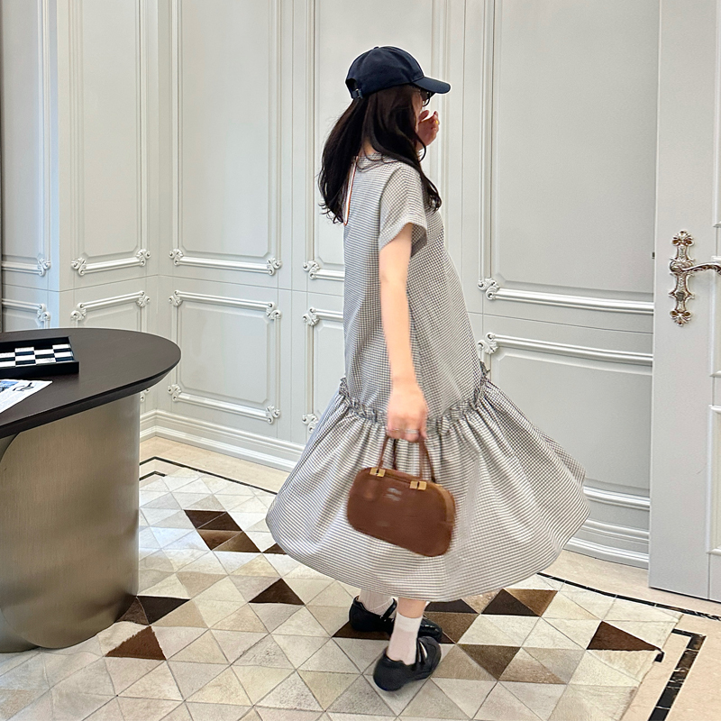 Leomami Maternity Wear Summer Retro Plaid Dress Loose Slimming Design Ruffled Shirt Dress