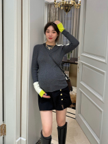 LeoMami maternity wear spring and autumn asymmetric contrasting color splicing cuffs wool sweater design base sweater