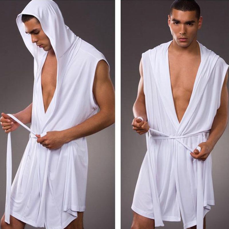 Men's Bathrobe, Sleeveless, Loose, Silky, Single-Piece Pajamas, Hooded Nightgown, Summer Thin Home Wear, Does Not Include Underwear