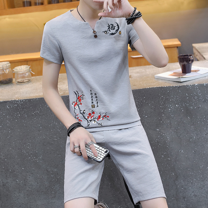 Trung Quốc gió mùa hè lanh bông thêu ngắn tay T-shirt bộ chao nam giải trí giới trẻ Trung Quốc Tang chiếc váy người đàn ông mới