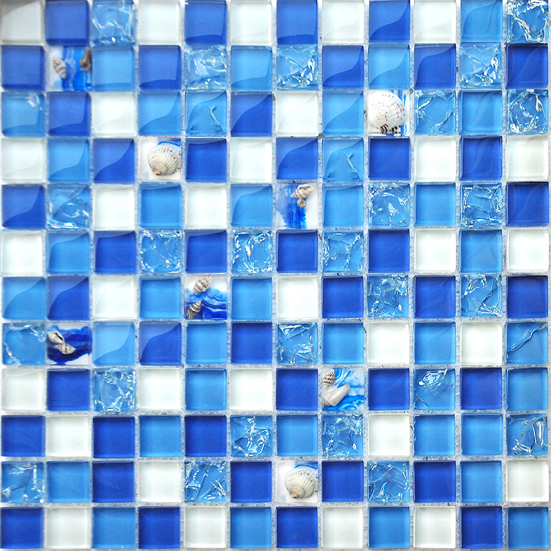 Crystal ice cracked shell blue glass mosaic tile background wall Mediterranean bathroom powder room pool decoration