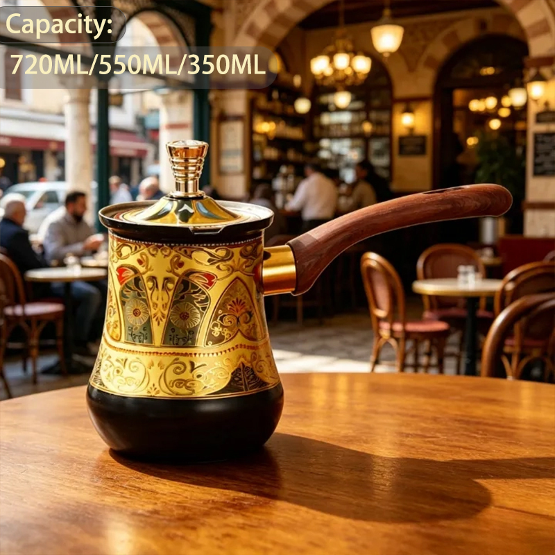 Central Asian Ethnic Style Xinjiang Turkish Coffee Pot with Long Handle, Gold Pattern, Large Capacity Metal Teapot with Lid 720ml