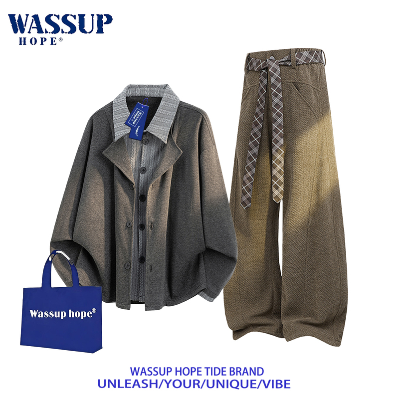 Wassup Hope Old Money Style Casual Suit for Men, New Autumn American Style Fake Two-Piece Jacket and Pants Set