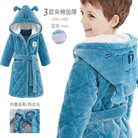 Стеганый синий банный халат с капюшоном, увеличенная толщина