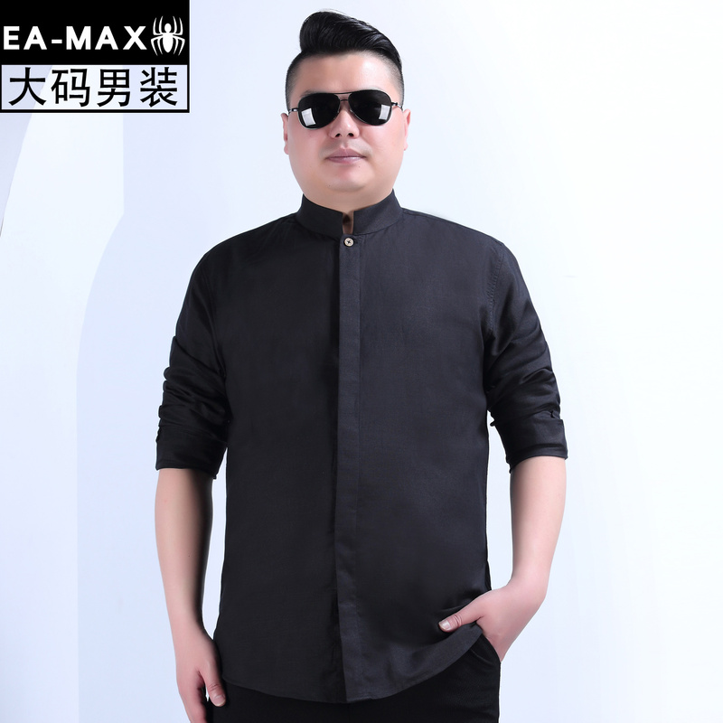 Plus Size Men's Clothing Autumn Stand-Up Collar Cotton and Linen Style Plus Size Men's Long-Sleeved Shirt C910