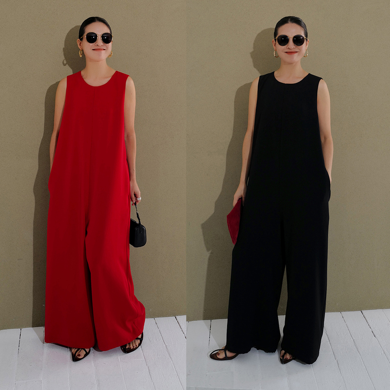 Korean Smooth Material, Stylish and Chic Tank Top Jumpsuit in Black, White, and Red with Round Neck and Drape Effect Evening Dress 236602
