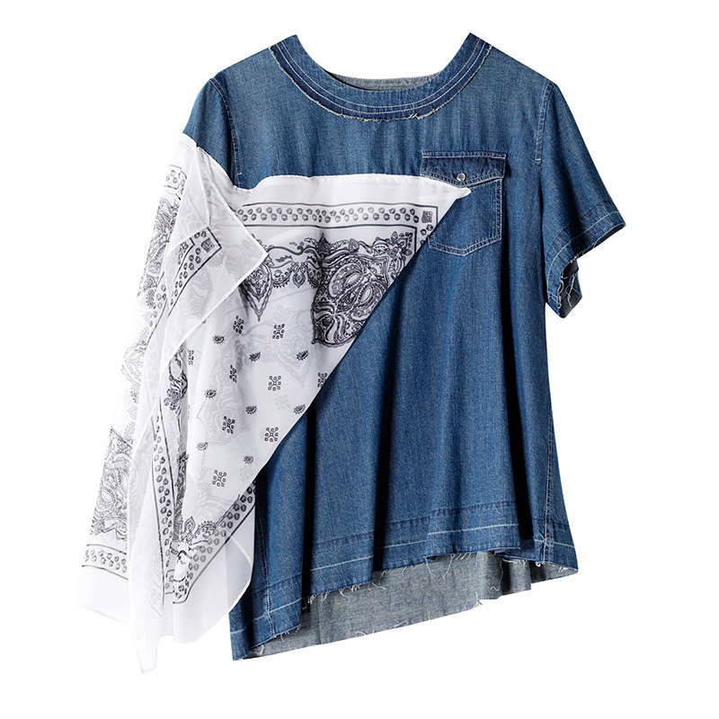 Japanese designer Tidal Wire Ribbon splicing Heavy Industry washed female round collar short sleeve denim shirt blouses 66760