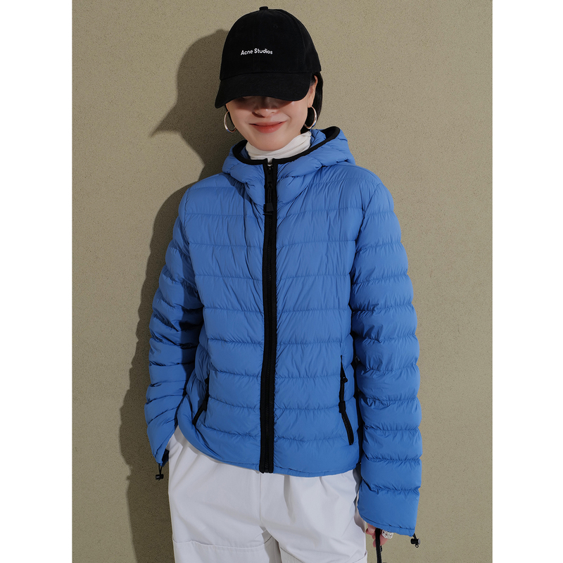 90 Large White Goose Down, Lightweight and Warm, Blue Women's Zip-Up Slim-Fit Hooded down Jacket 162402
