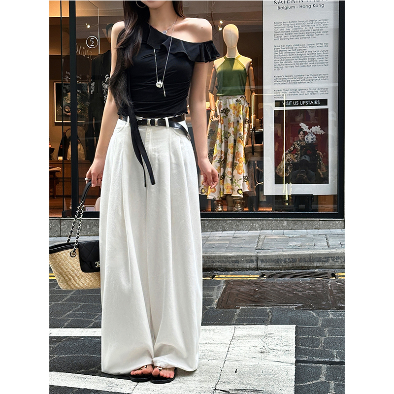 Zq Zi Qing High-Density Pure Cotton White Pleated Casual Pants for Women, New Design, Loose-Fitting, Floor-Length Denim Wide-Leg Pants