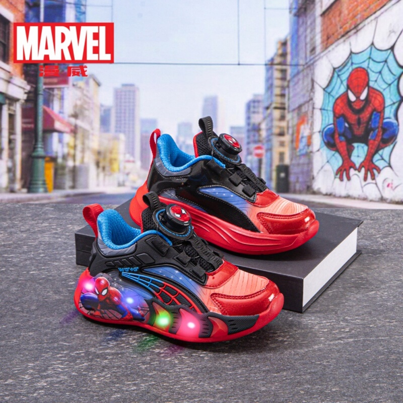 Disney Marvel Children's Shoes Spider-Man Boys' Shoes for Young Children with Flashing Lights, Leather Surface, Waterproof Children's Sneakers