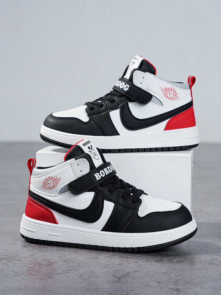 Babudou Boys' Shoes, New Autumn and Winter Models, Fleece-Lined, Warm, Double-Layered Leather High-Top Sneakers, Large Cotton Children's Sports Shoes