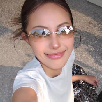 Frameless shallow mercury cat eye sunglasses for women 2025 new small frame diamond face sunglasses y2k millennium subculture