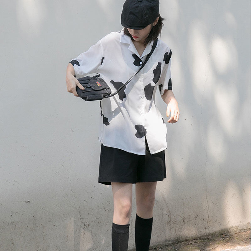 Black and White Cow Print Shirt Women's Design 2024 Summer New Hong Kong Style Loose Short-Sleeved Shirt Tops for Women Black and White Cow Print Shirt Women's Design 2024 Summer New Hong Kong Style Loose Short-Sleeved Shirt Tops for Women