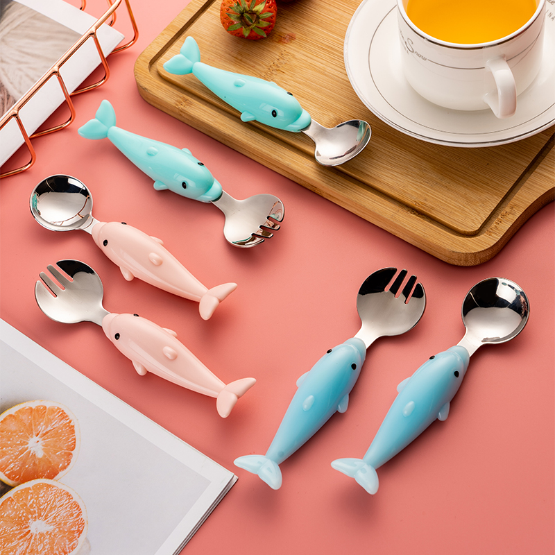 Cartoon 304 Stainless Steel Children Cutlery Cuddly Spoon Fork Suit Creative Tablespoon Baby Learn To Eat Training Spoon