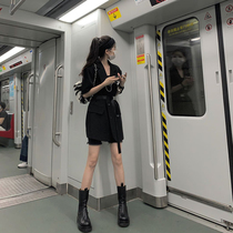 Asakawa wine a fried street suit short-sleeved jacket female outer thin black wild comfortable hot girls casual wear trend