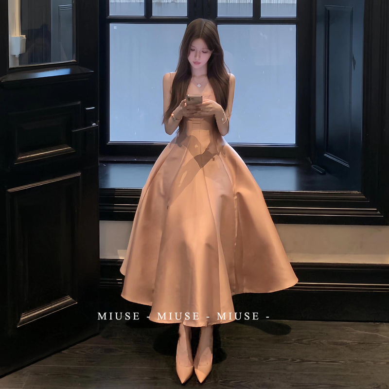 Strappy Dress for Women, High-End Socialite Style, Birthday Party Mini Dress, Elegant Long Dress, Waist-Cinching Princess Dress