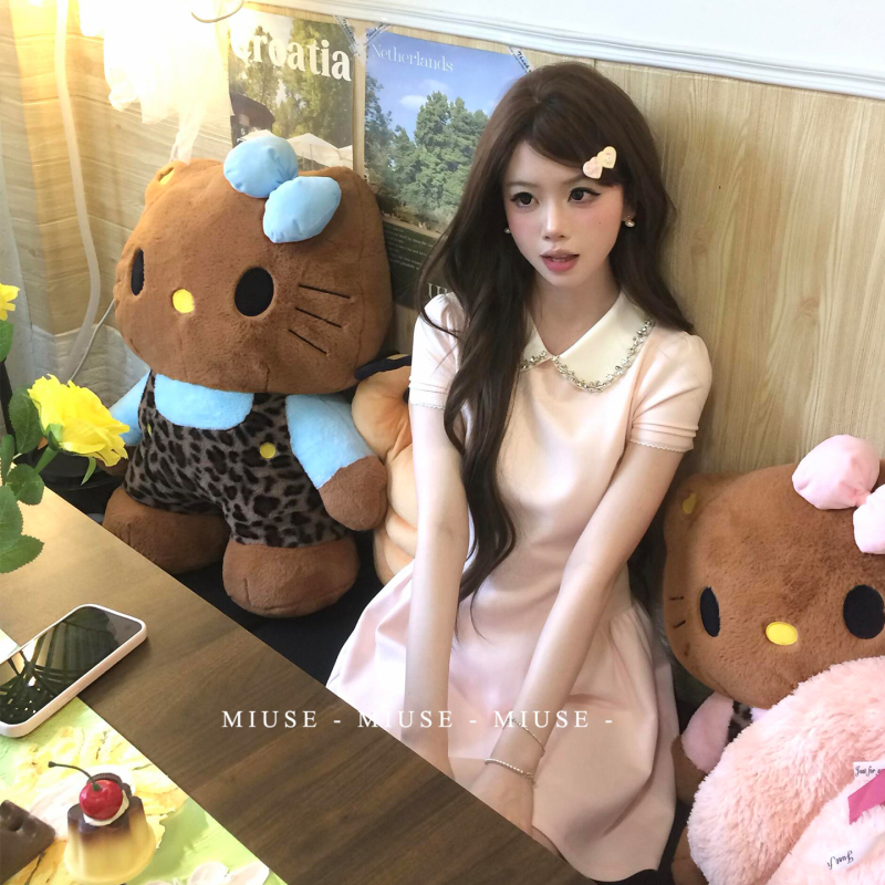 Chanel-Style Dress for Women, Miu-Style Outfit, Heavy-Duty Rhinestone Polo Collar Birthday Dress, Waist-Cinching Pink Princess Dress