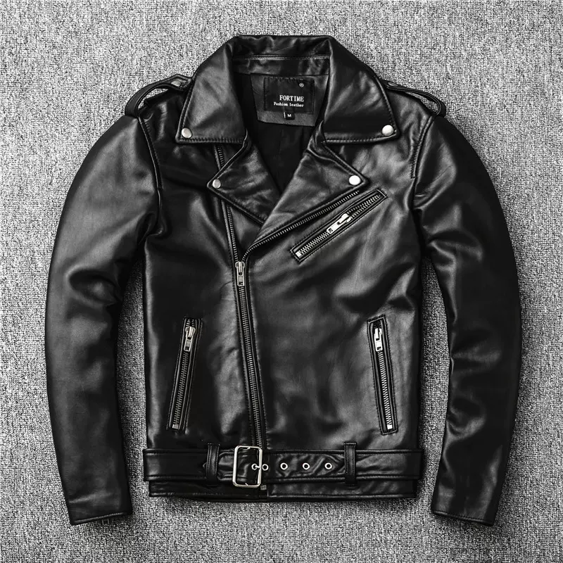 First-Layer Sheepskin Genuine Leather Jacket for Men, Biker Style with Belt, Lapel Collar, Slim Fit, Trendy Outerwear