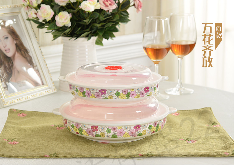 Bone ceramic refreshing box anti-scalding double-ear steaming tray with lid fruit basin fruit basket microwave oven