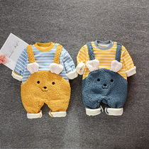 Baby double-layer jumpsuit autumn and winter plus velvet coat baby warm climbing clothes newborn ha clothes thick out cute