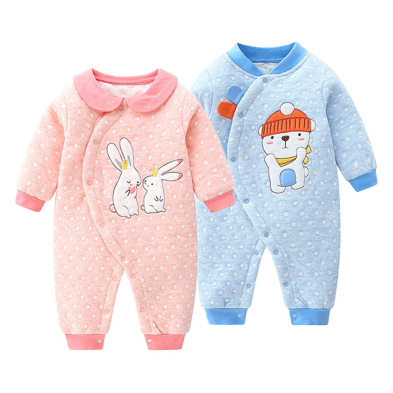 Baby thin cotton jumpsuit autumn three-layer warm men's and women's baby plus cotton clothes go out romper newborn autumn clothes