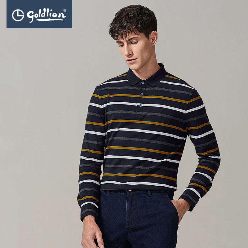 Jinli Laiqiu business casual men's comfort pure cotton sweat absorption breathable colorful striped lapels long sleeves T-shirt hui]