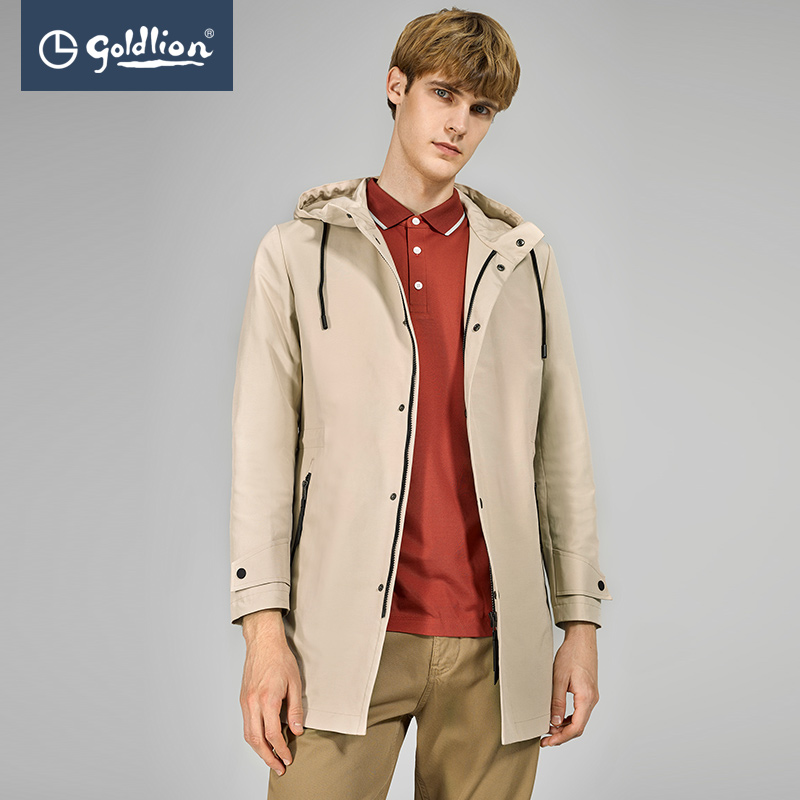 Gold-lism men's windproof style drawstring waist cinch midi hooded trench coat