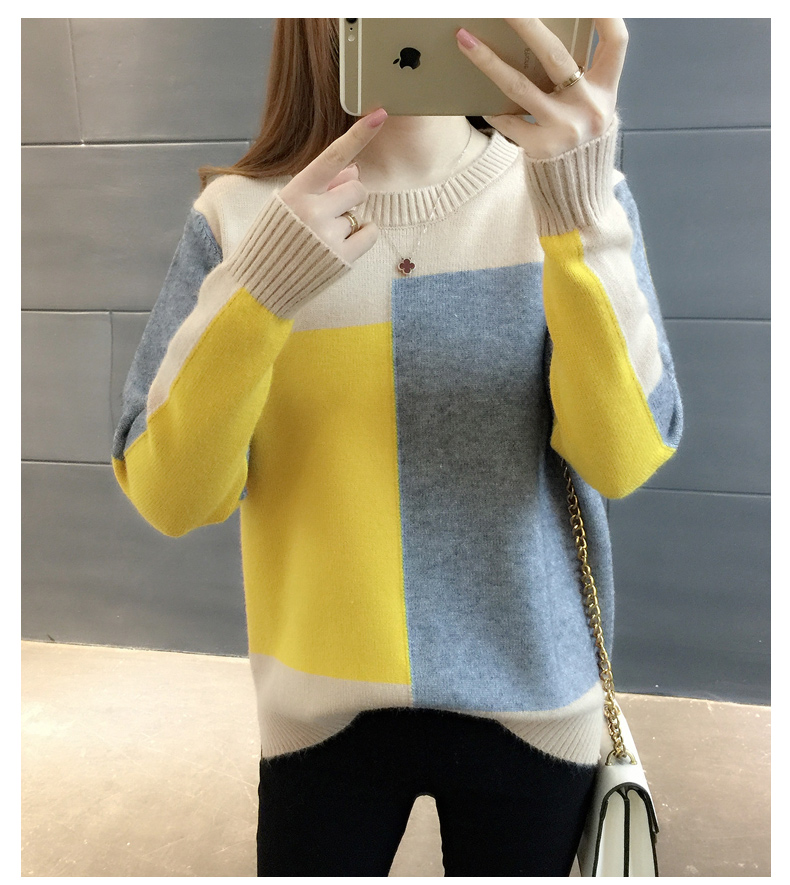 Áo len nữ màu sắc phù hợp với áo hoodie phiên bản Hàn Quốc của áo len 2018 thu đông mới mùa sinh viên cổ tròn sơ mi hoang dã áo len thổ cẩm