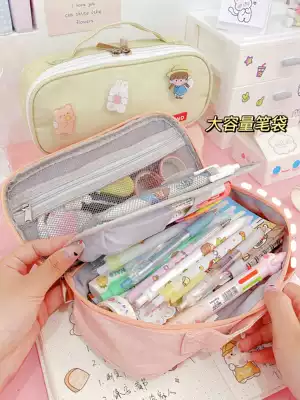 Canvas large capacity pencil bag female simple 2021 new popular junior high school students pencil bag cute stationery box children