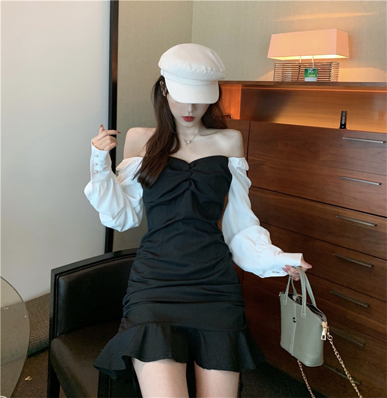 VK旗艦店 韓國風V領撞色桔梗魚尾拼接長袖洋裝