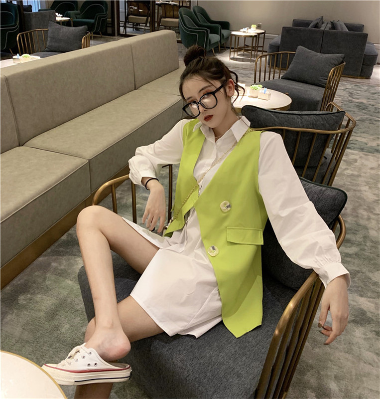 VK旗艦店 韓國風襯衫配馬甲復古長袖洋裝