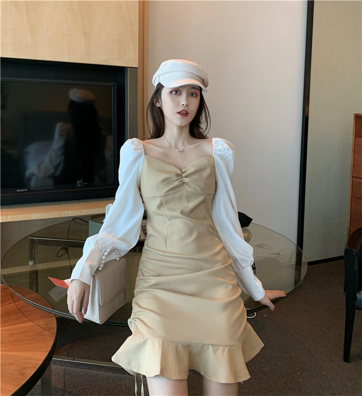 VK旗艦店 韓國風V領撞色桔梗魚尾拼接長袖洋裝