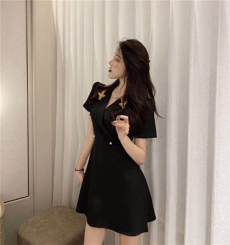 VK旗艦店 韓系西裝領黑色連身裙上衣短裙套裝短袖裙裝