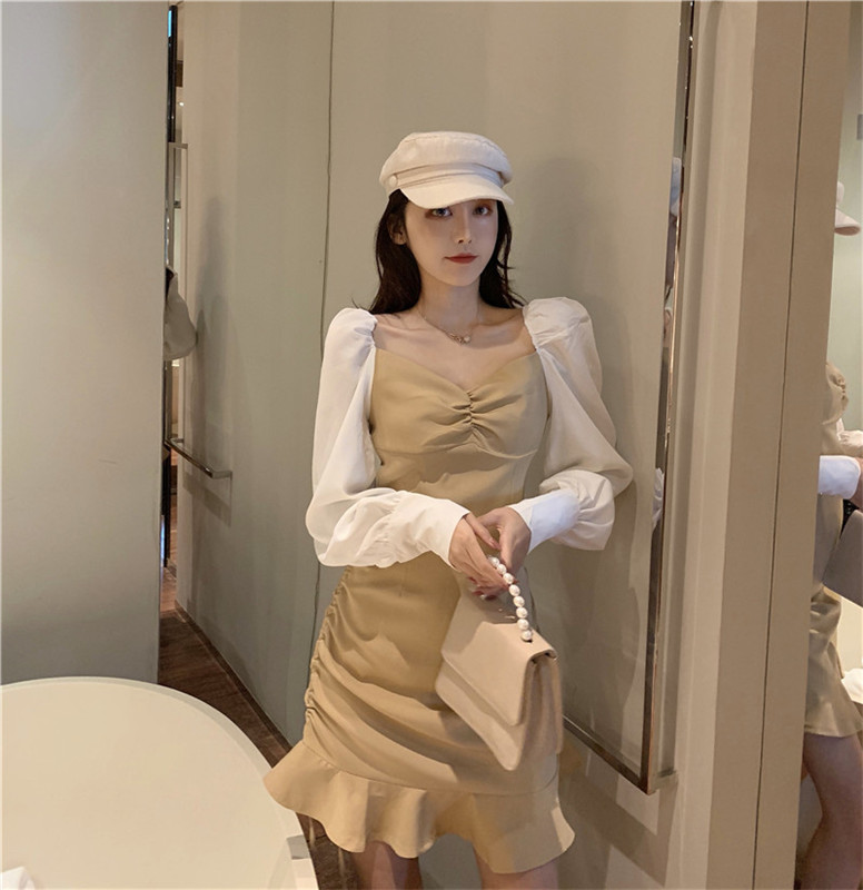 VK旗艦店 韓國風V領撞色桔梗魚尾拼接長袖洋裝