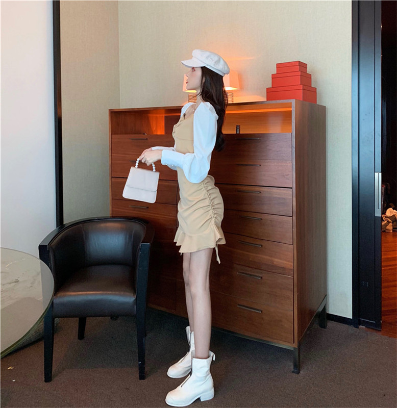 VK旗艦店 韓國風V領撞色桔梗魚尾拼接長袖洋裝