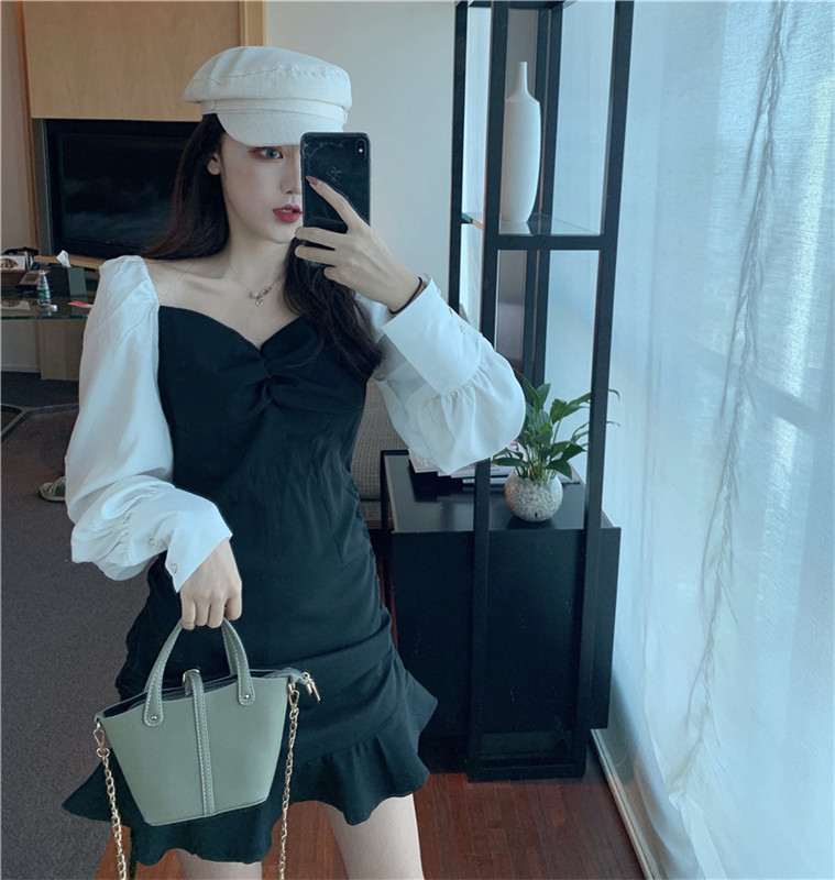 VK旗艦店 韓國風V領撞色桔梗魚尾拼接長袖洋裝