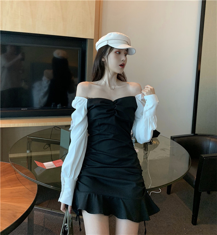 VK旗艦店 韓國風V領撞色桔梗魚尾拼接長袖洋裝