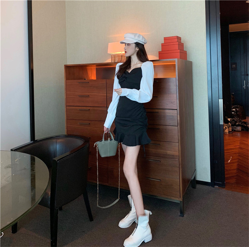 VK旗艦店 韓國風V領撞色桔梗魚尾拼接長袖洋裝