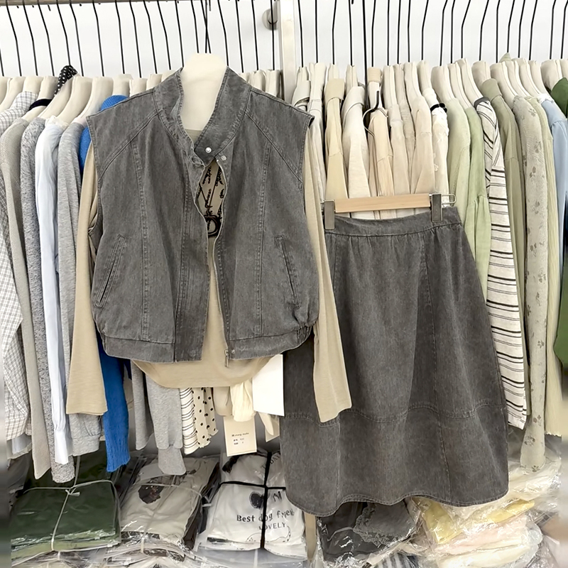 2026 Early Autumn New Korean Dongdaemun Casual Loose Two-Piece Set Stand Collar Vest Jacket + Skirt Trendy