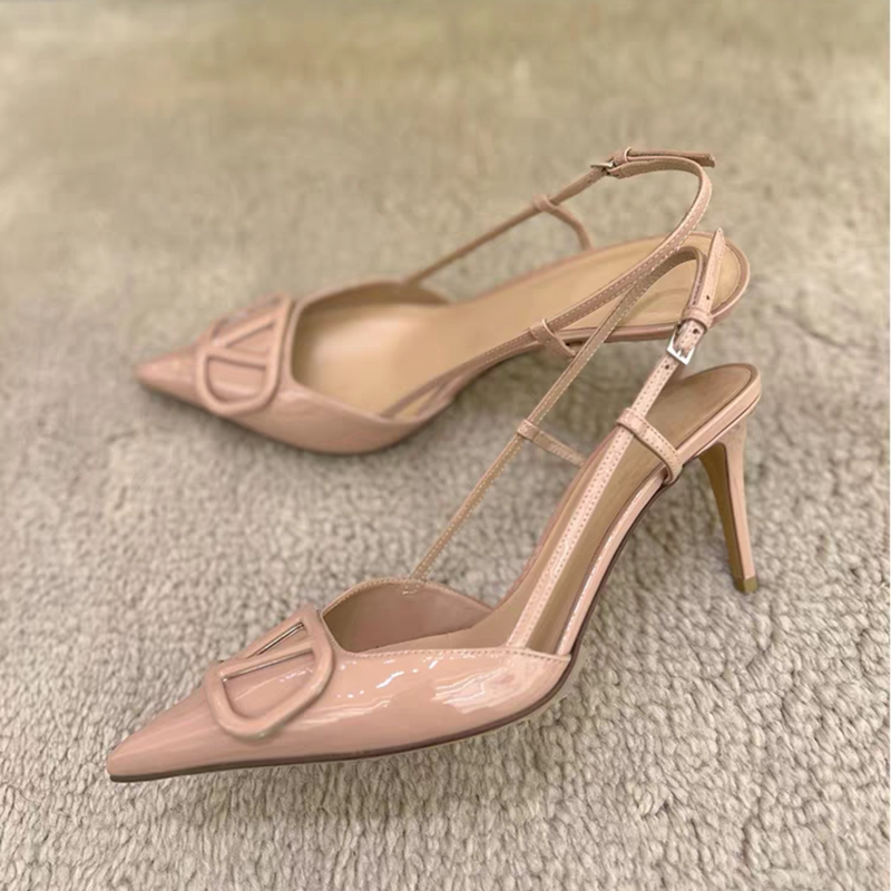 High-Heeled Shoes for Women 2026 New Nude Color V-Buckle Tianmu Stiletto Pointed Toe Mid-Low Heel Genuine Leather Closed-Toe Sandals for Women