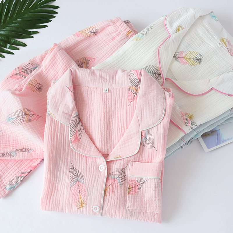 Nhật Bản cotton gạc dài tay đồ ngủ nữ cardigan mỏng mùa xuân và mùa thu cotton giặt crepe dịch vụ nhà phù hợp - Bên ngoài ăn mặc