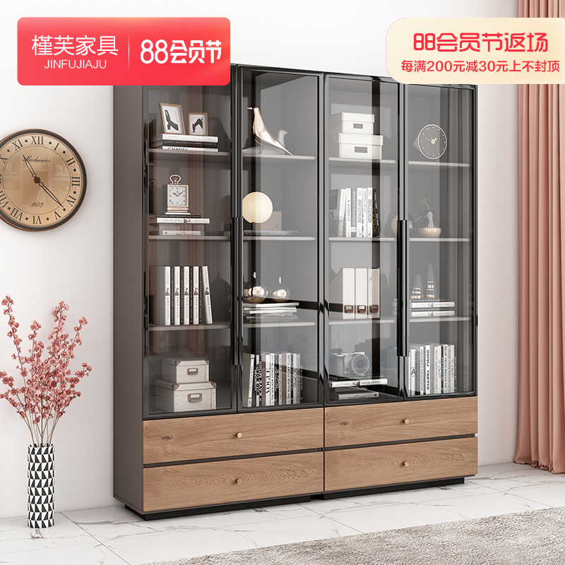 Bookcase Nordic bookcase book room Double door containing cabinet modern minimalist bookshelf combined two doors office glass door