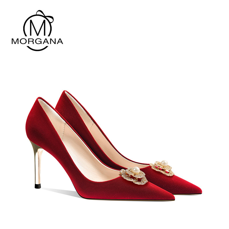 Wine red wedding shoes Hongxiuhe winter 2021 new stiletto suede high heels women's wedding Chinese bridal shoes