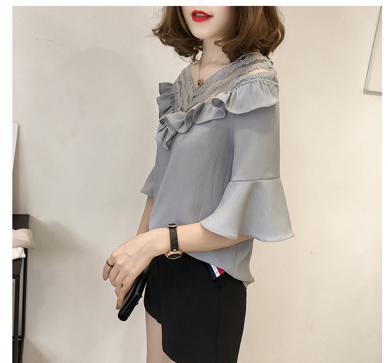 Ren áo sơ mi nữ cộng với phân bón XL chất béo của phụ nữ mm lỏng xù ngắn tay hollow voan áo sơ mi nữ áo sơ mi nhỏ áo sơ mi hàn quốc