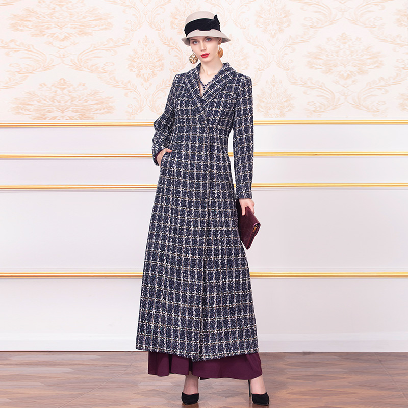 2019 mùa thu / mùa đông New Vintage Plaid Extra Long và mắt cá Coat phụ nữ Difranchi Hepburn Gió tóc Coat nữ