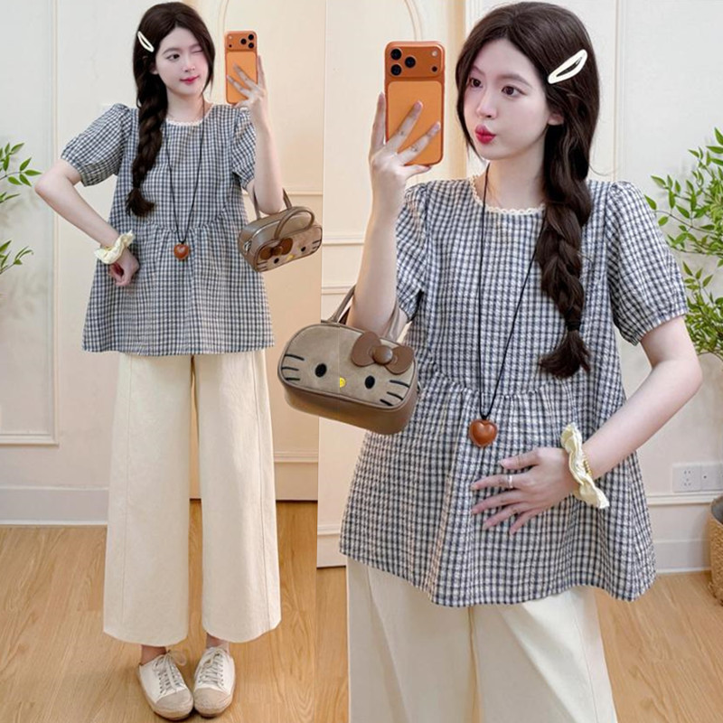 Maternity Tops, Summer Clothes, Stylish, Short-Sleeved T-Shirts That Cover the Belly, Women's Plaid Babydoll Shirts That Don'T Show Pregnancy, Summer Thin Suits Maternity Tops, Summer Clothes, Stylish, Short-Sleeved T-Shirts That Cover the Belly, Women's Plaid Babydoll Shirts That Don'T Show Pregnancy, Summer Thin Suits