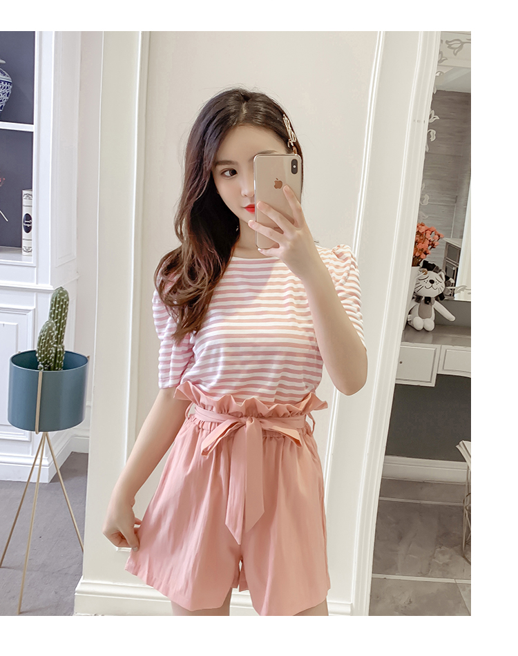 VK旗艦店 韓系條紋圓領高腰闊腿褲套裝短袖褲裝