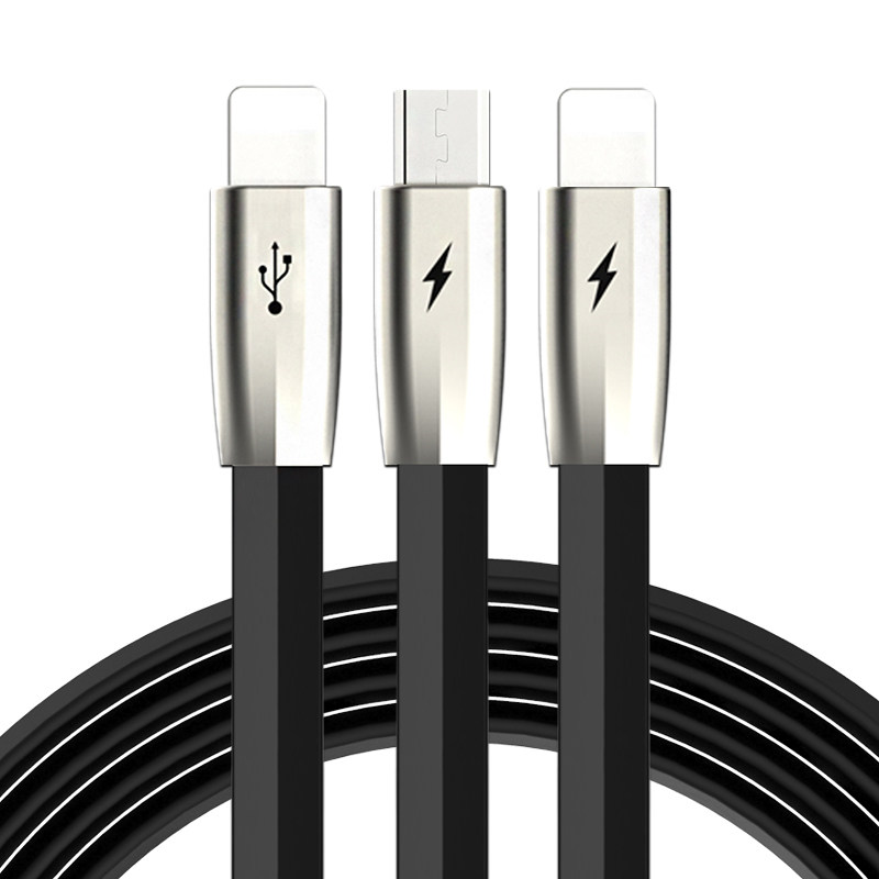TOTU Zinc Alloy Connector Rhombic Quick Charge Lightning+Lightning+Micro USB Cable for Apple iPhone iPad Android Smartphones