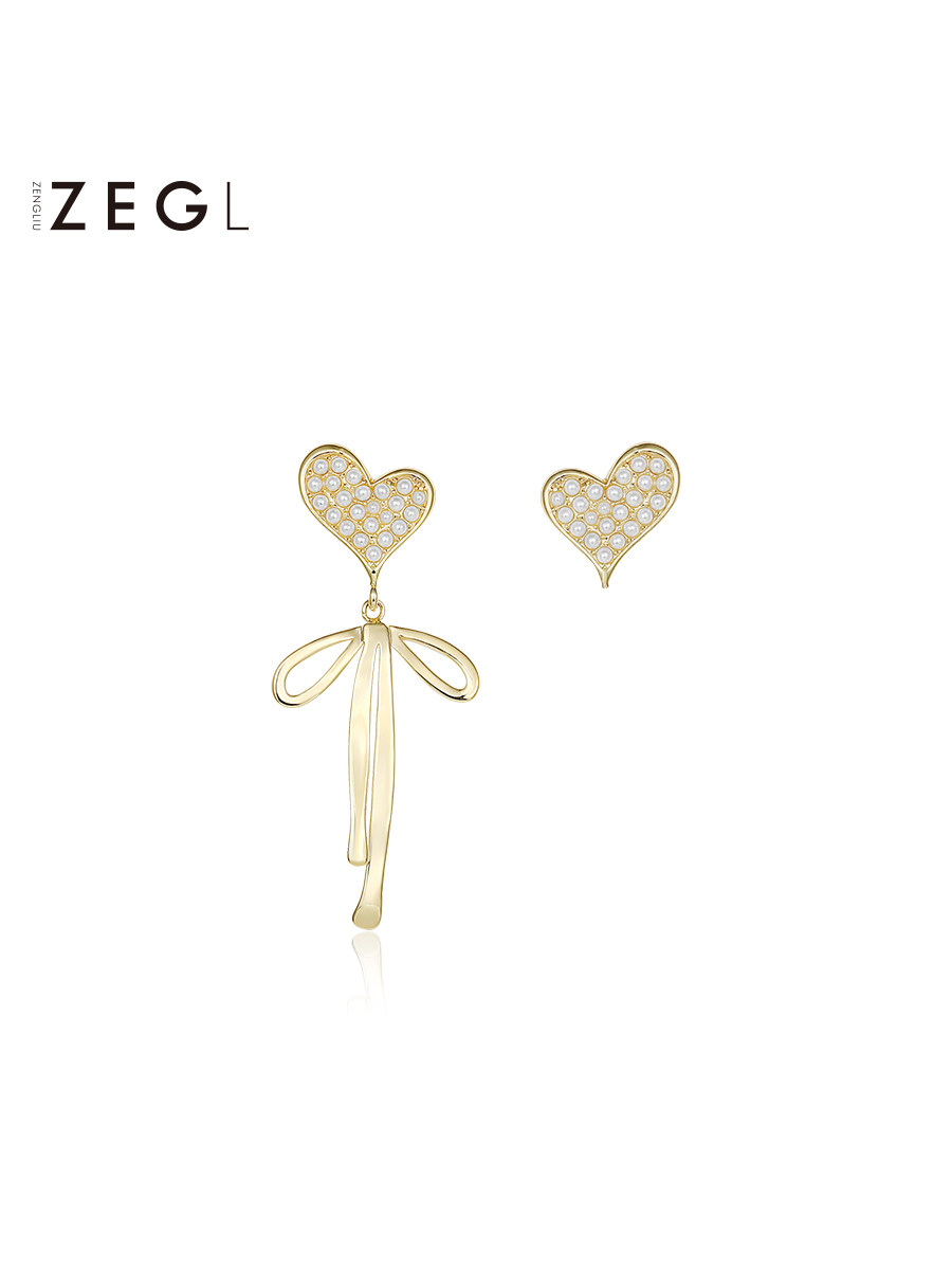 ZEGL high sense bow earrings femininity imitation pearl love earrings 925 silver needle asymmetrical ear jewelry