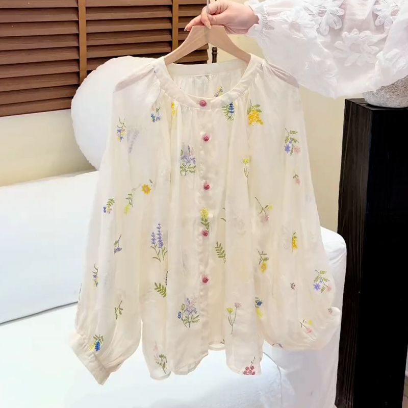 Fashionable Floral Heavy Embroidery Shirt for Women, 2026 Summer Thin Lantern Sleeve Shirt, Breathable Blouse Fashionable Floral Heavy Embroidery Shirt for Women, 2026 Summer Thin Lantern Sleeve Shirt, Breathable Blouse